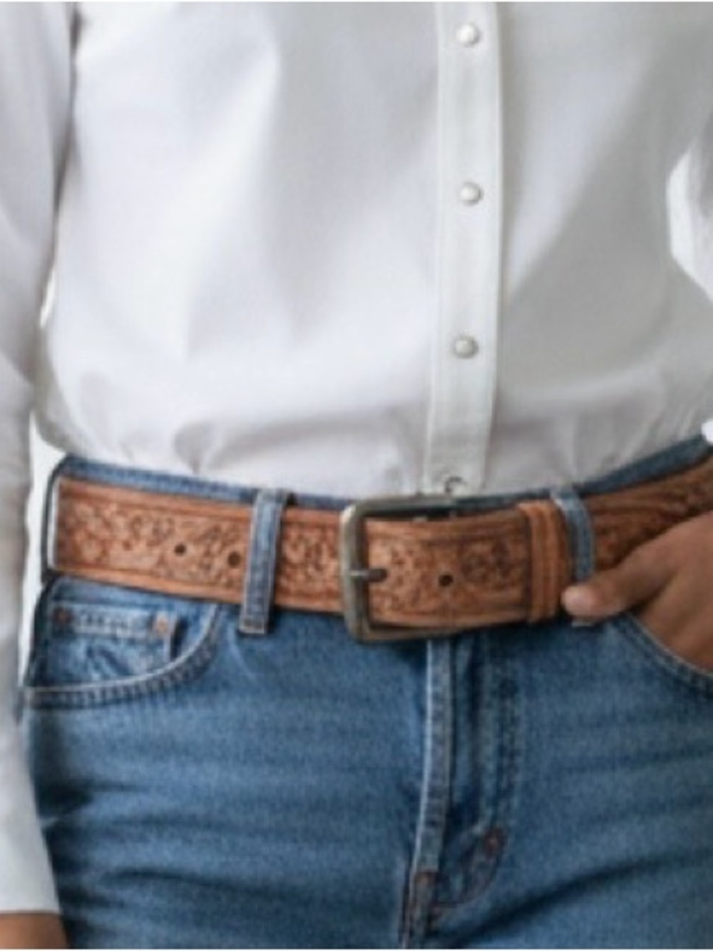 Hand-Tooled Leather Belt in Light Brown with Floral Motif